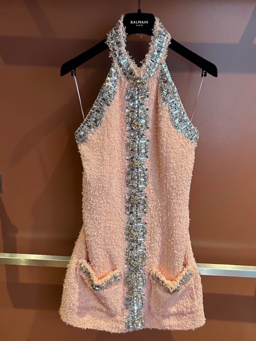 Balmain Peach Textured Halter Mini Dress  size 40